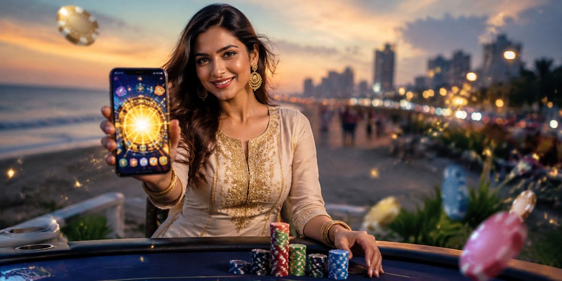 A woman enjoying sports betting on her phone by Chennai’s Marina Beach
