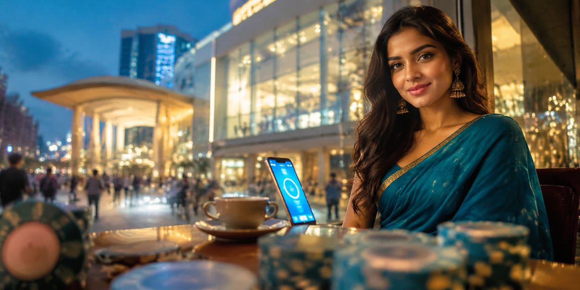 Woman using mobile payments on smartphone in Delhi