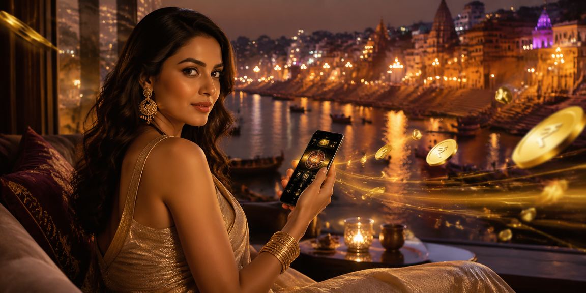 Mobile app displaying Teen Patti game with INR currency in Varanasi backdrop